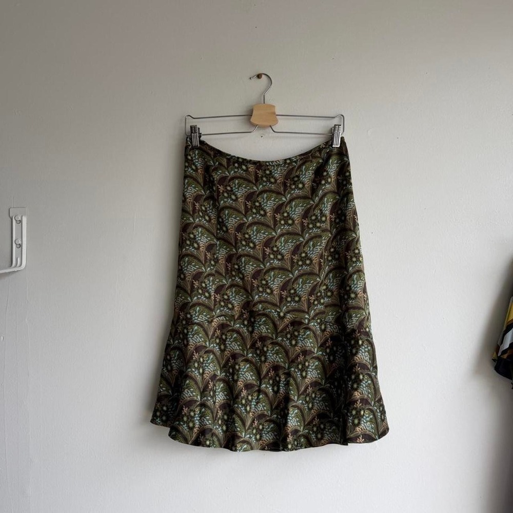 Loft midi silk skirt with green, brown, and beige leaf-like pattern